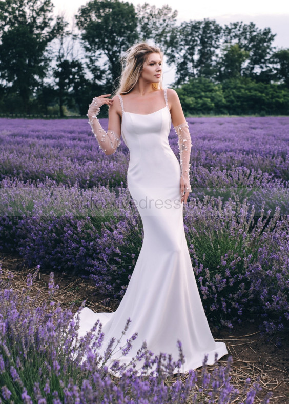 Ivory Satin Open Back Chic Wedding Dress With Sleeves Ivory Satin Open Back Chic Wedding Dress With Sleeves